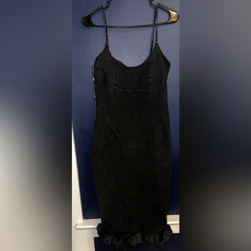 Fashion Nova Black Denim Ruffle Hem Dress NWT